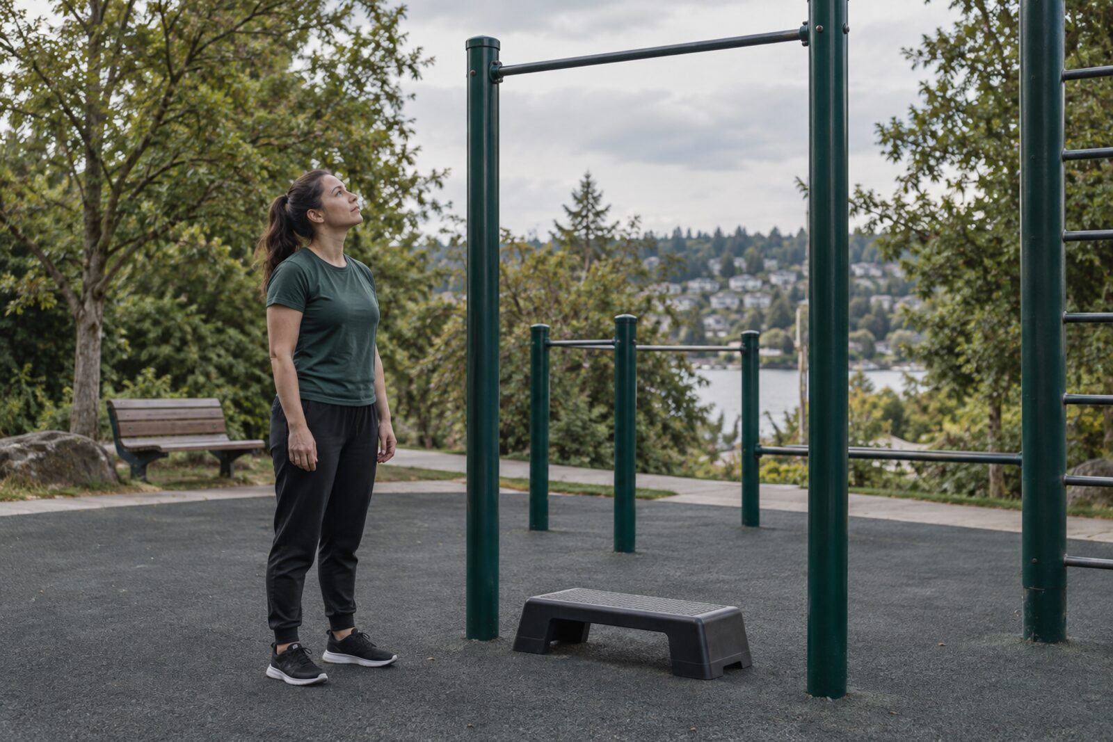 Woman standing beside an outdoor pull-up station and looking at the bar.