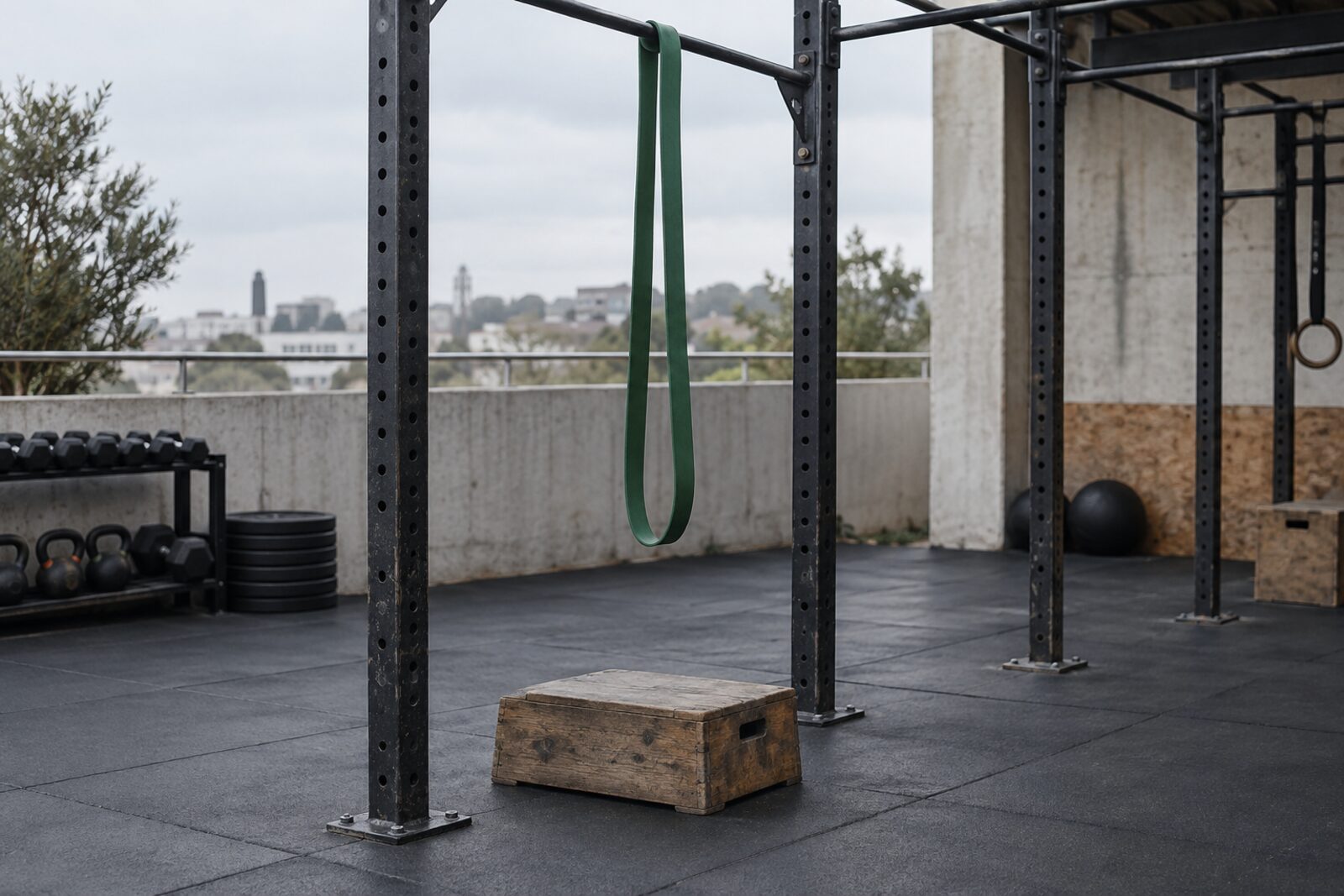 Green resistance band hanging from a pull-up rig above a wooden exercise step.